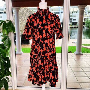 Zara Black and Red Floral, High Ruched/Elastic Neck, Short-Sleeved Dress, Size S